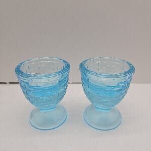 2 Longaberger Glass Egg Cups - Robin Eggs Blue Woven Design USA